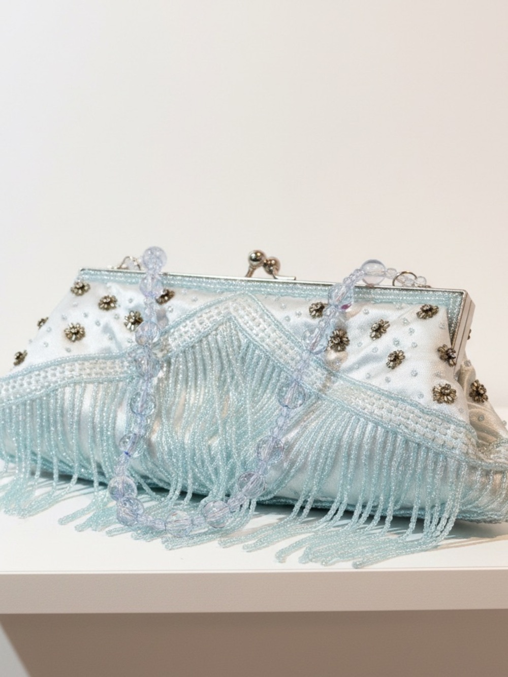 Light Cinderella Blue Beaded Fringe Clutch